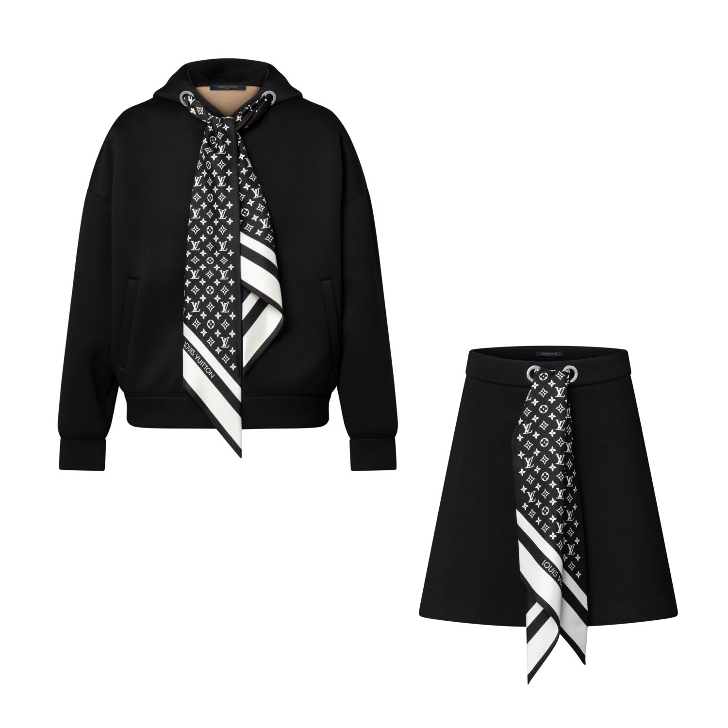 Louis Vuitton MONOGRAM Women's Fall/Winter Fashion Casual Silk Scarf Zipper Hooded Long Sleeve Sweatshirt with Mini Flared Casual Skirt Suit Set #78752