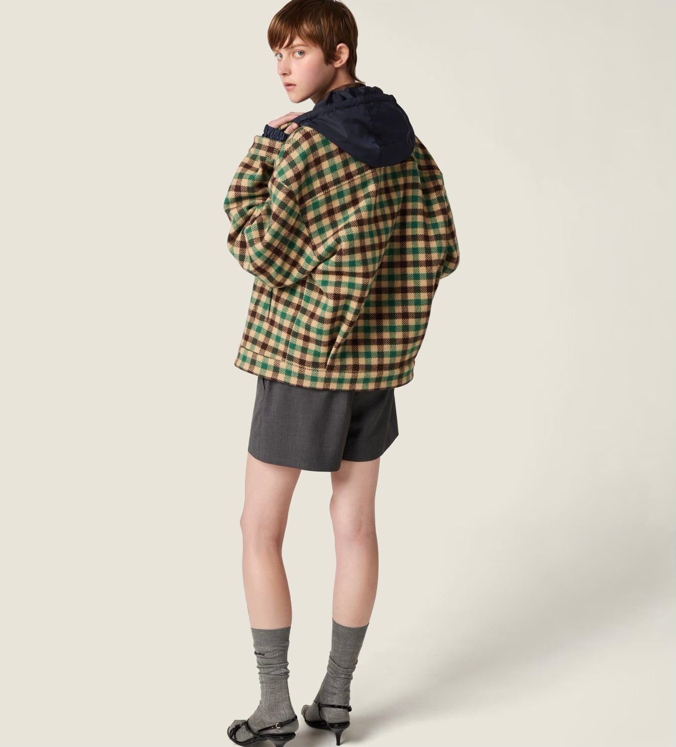 MiuMiu Women's Fall/Winter Lettering Eembroidered Logo Hood Zip Camel Green Navy Check and Technical Jacket #332611
