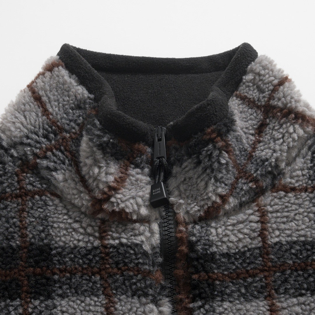 MiuMiu Gray black Checked Teddy Zipper Jacket #335443