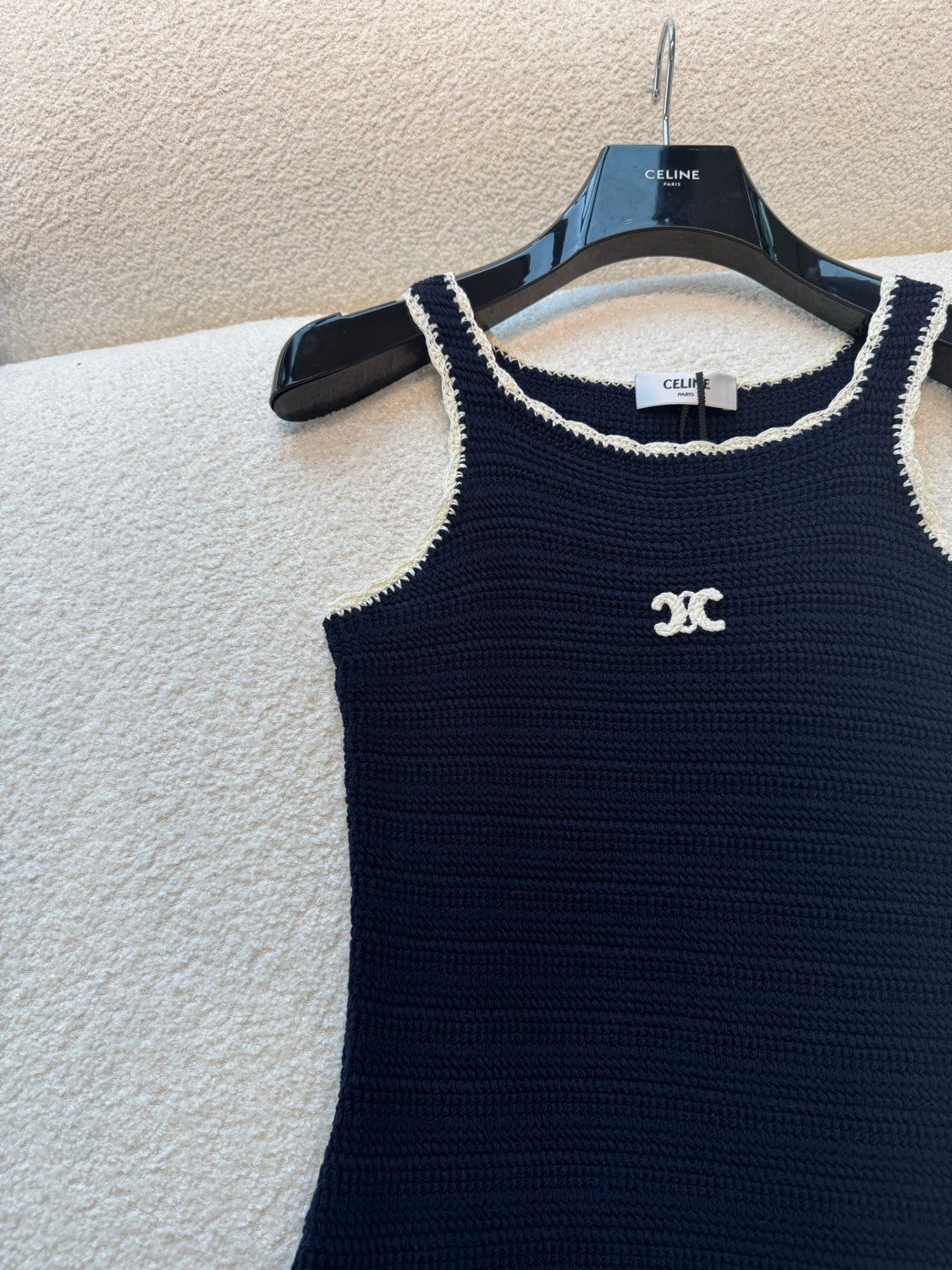 Celine Women's Summer Fashion Casual Solid Color Square Neckline Patch Pocket Sleeveless Logo Handmade Crochet Mini Dress #79292