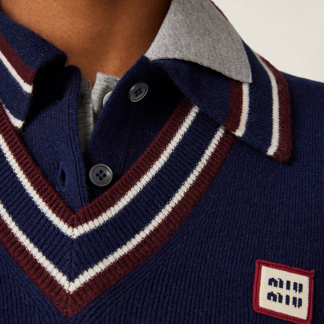 MiuMiu Women's Spring And Summer Polo Shirt Knitted Fashion Retro Navy Blue Striped Color Blocking Buttons Short Sleeve T-shirt Tops #81641