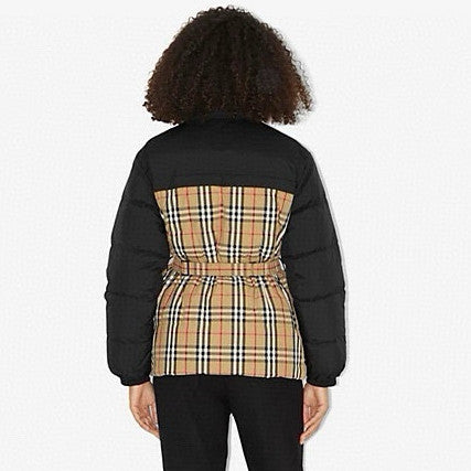 Burberry Women's Winter Fashion Casual Color Blocked High Neck Zipper Reversible Checkered Waist-Defining Down Jacket #78983