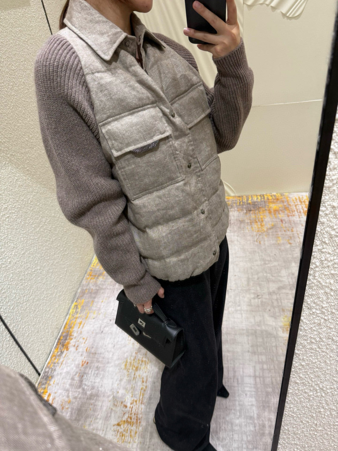 Brunello Cucinelli Women's Autumn And Winter Linen Goose Down Jacket 100% Wool Knit Sleeve Sequins Accessories Single Breasted Jacket Ngvp #2648