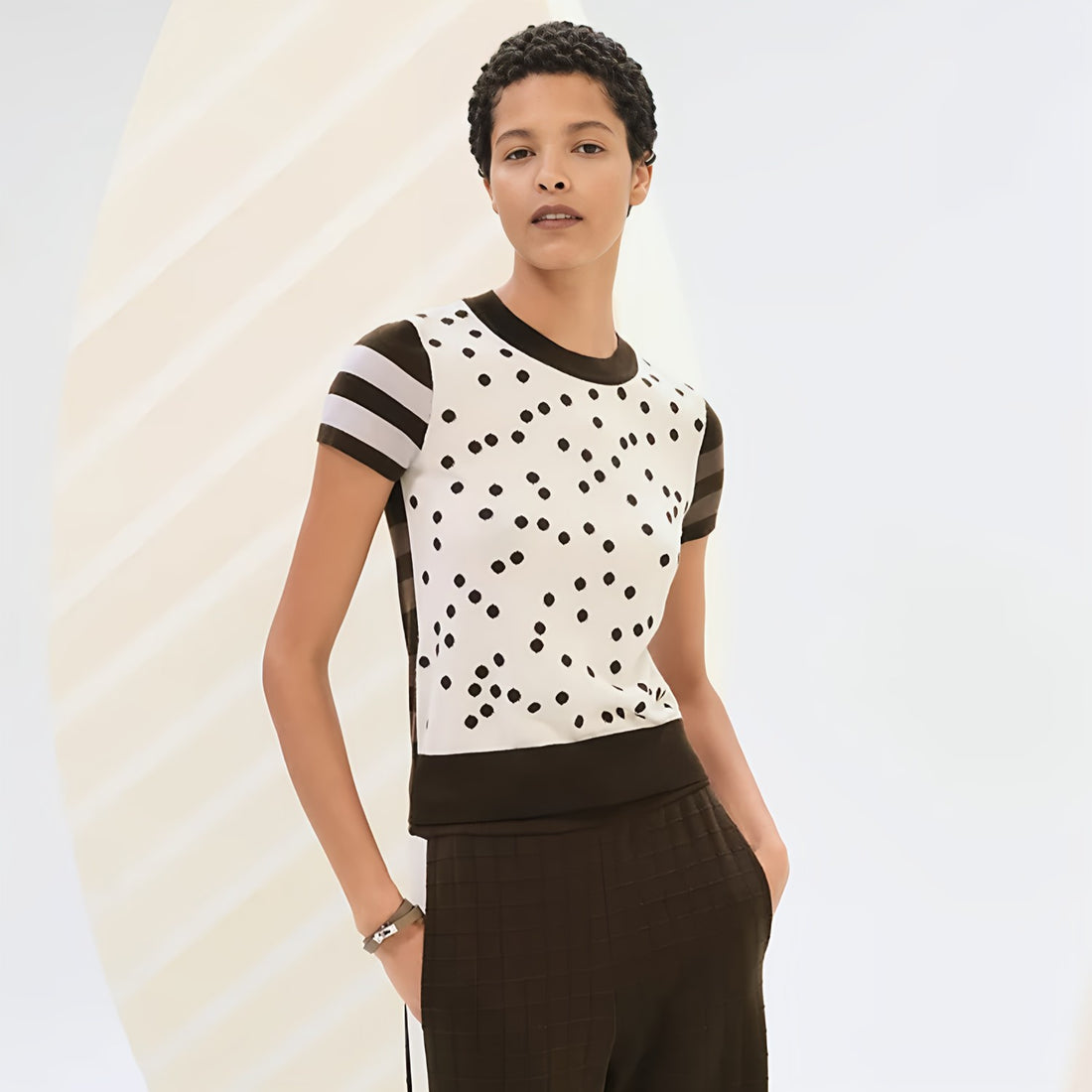 Hermes Women's Spring And Summer Cashmere Knitted T-shirt Round Neck Short-sleeved Color Collision Striped Polka Dot Short Knitted Sweater Bottoming Sweater Ngvp #2473