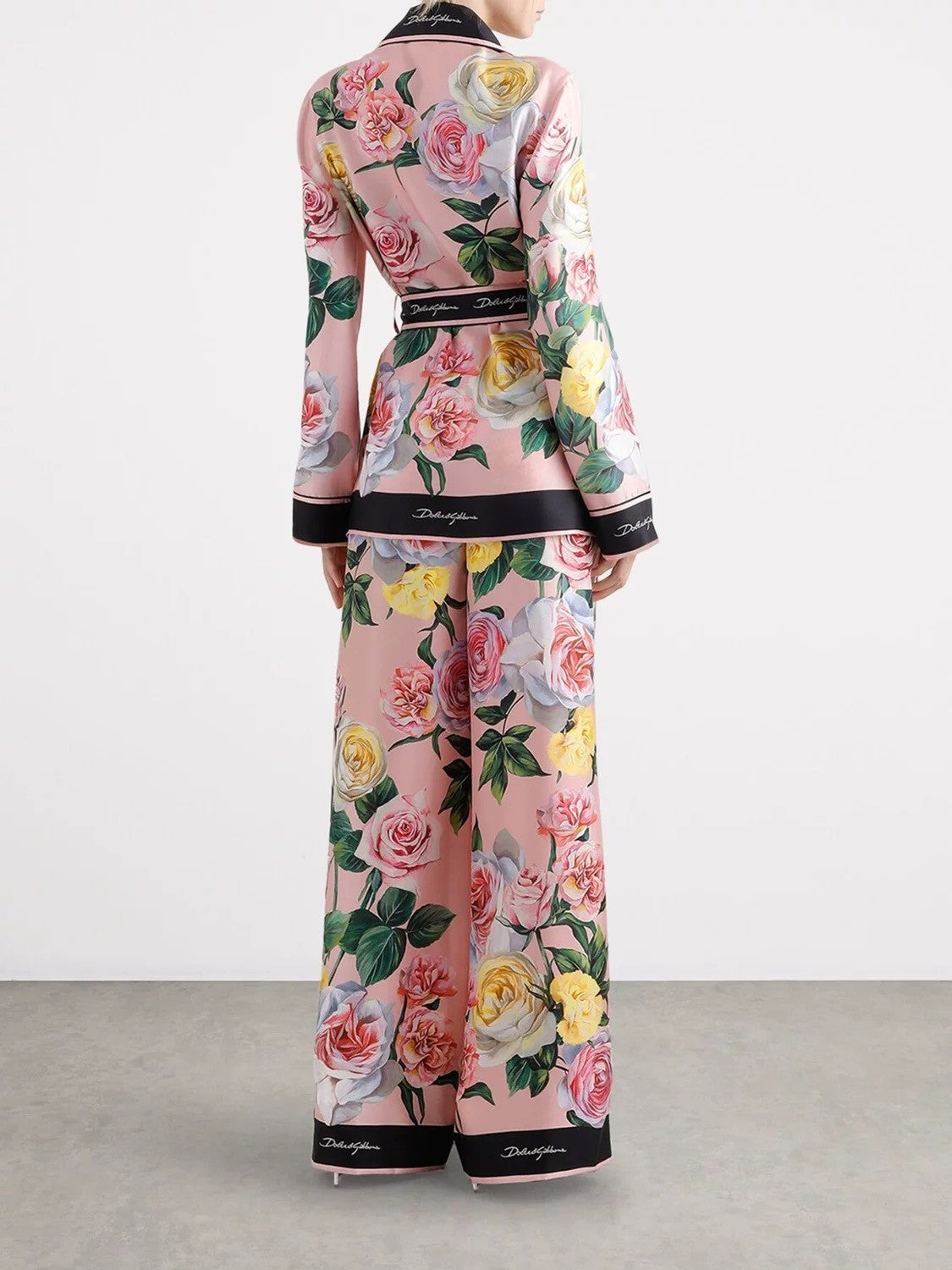 Dolce&Gabbana Women's Autumn/winter Floral Print Silk Satin Blouse  Shirt With Belted Collar Straight-leg Casual Trousers Pants Set Suit  Ngvp #2628