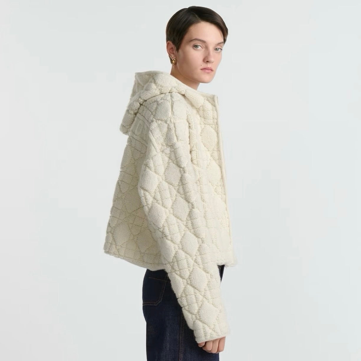 DiorZip Hooded Cardigan White Sheep Wool Blend Textured Knit Cannage #332748