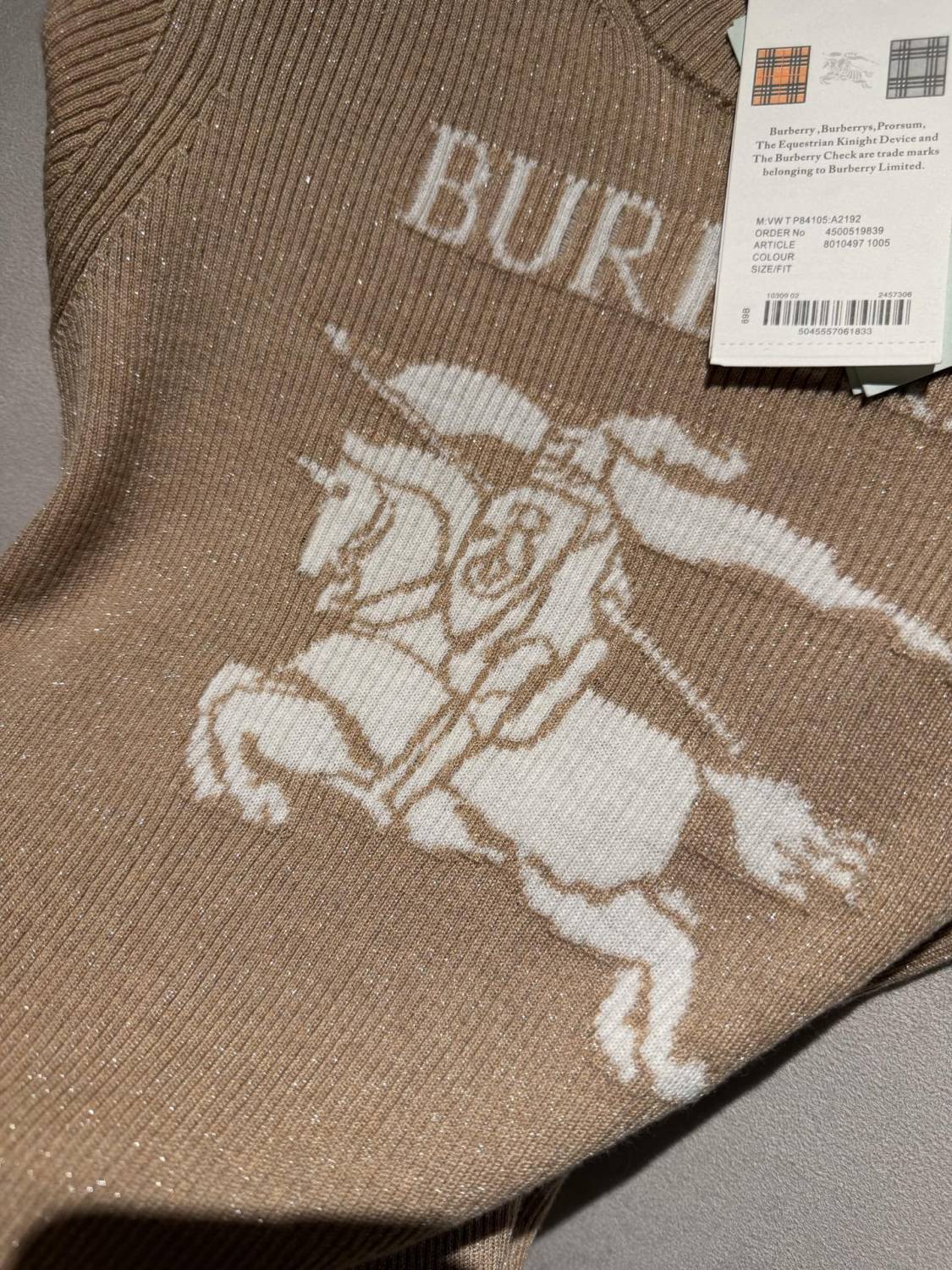 Burberry EKD Metallic Wool Blend Top in Archive Beige Gold #337142
