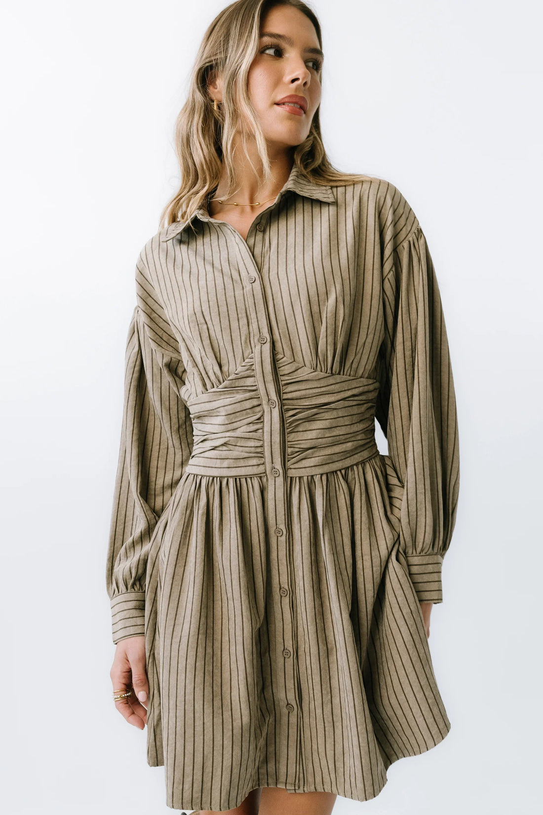 Lonnie Striped Mini Dress in Taupe