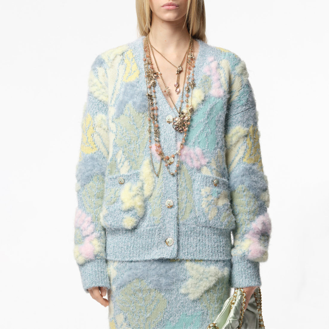Chanel Women's Spring/Fall Fashion Classic Single Breasted High End Handmade Pure Wool Macaron Color Block Feather Floral Long Sleeved Cardigan Mid Length Casual Long Skirt Suit Set #78392