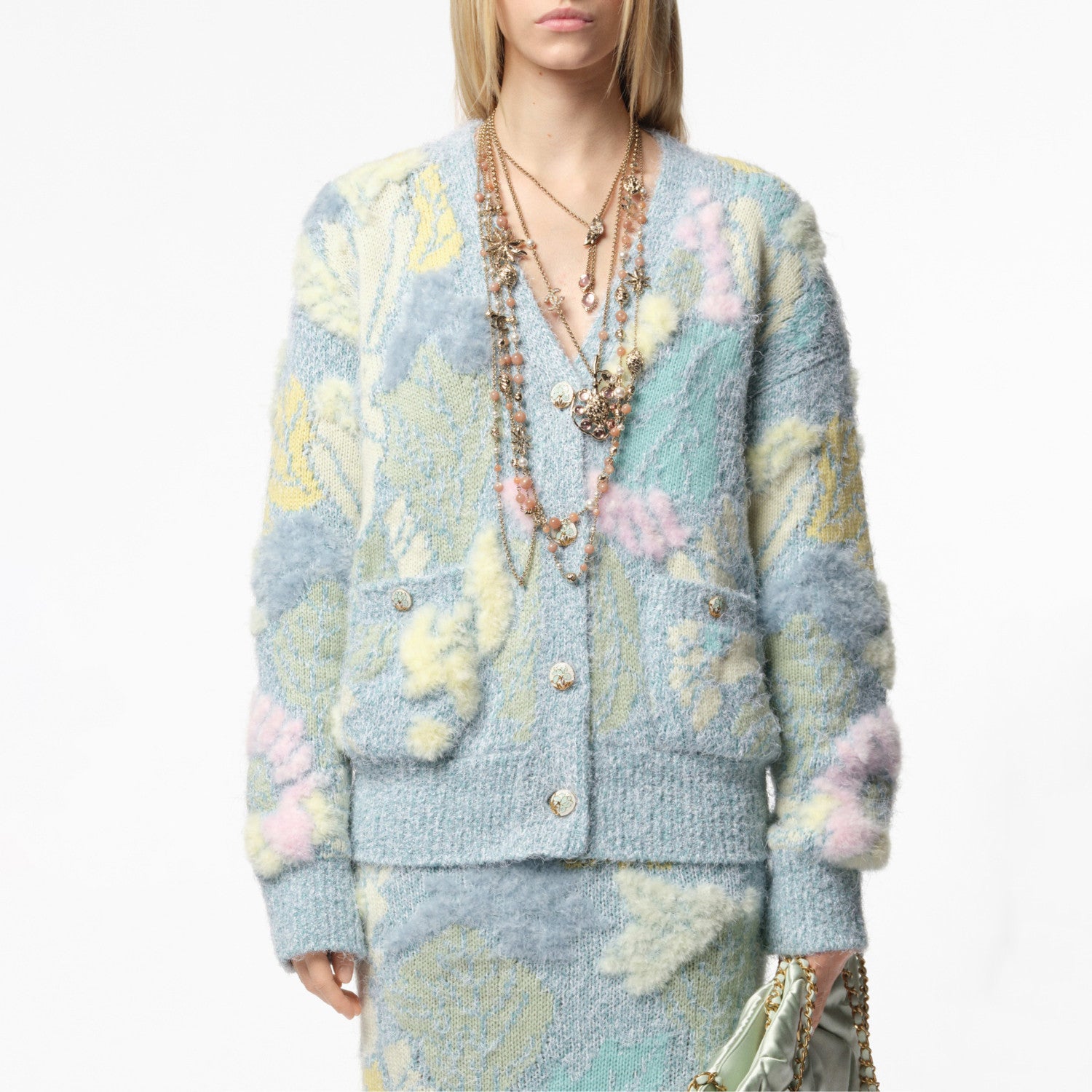 Chanel Women's Spring/Fall Fashion Classic Single Breasted High End Handmade Pure Wool Macaron Color Block Feather Floral Long Sleeved Cardigan Mid Length Casual Long Skirt Suit Set #78392