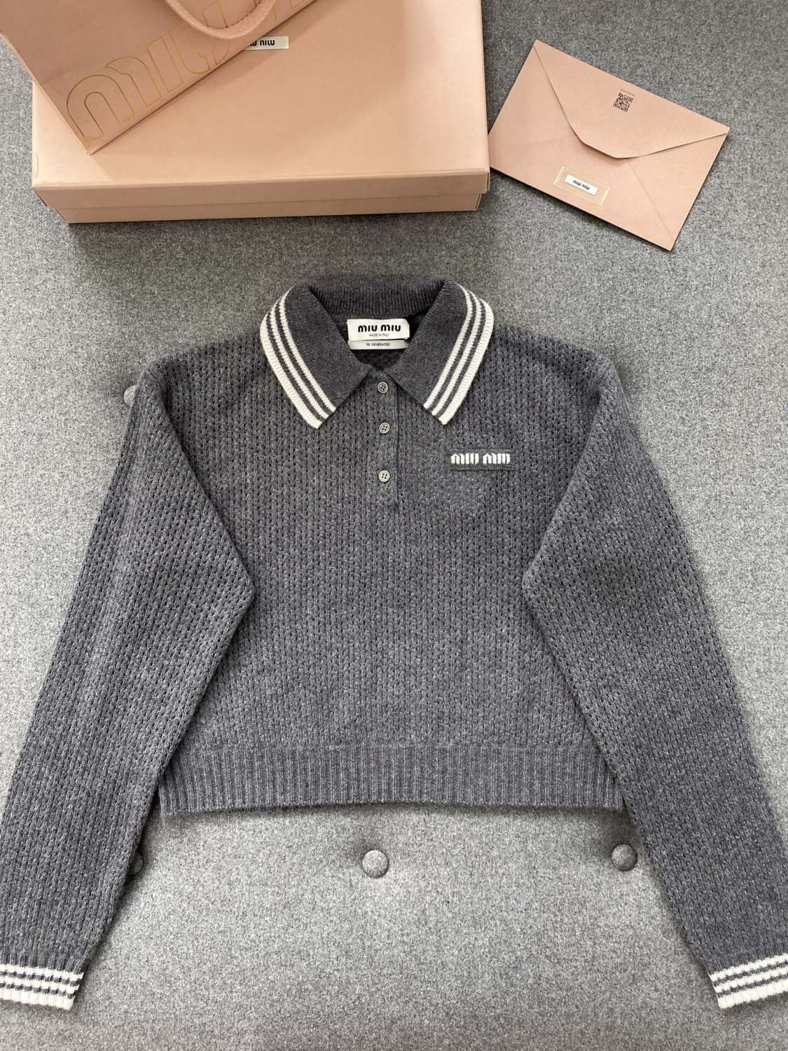 MiuMiu Slate Gray Wool And Cashmere Polo Sweater #330390