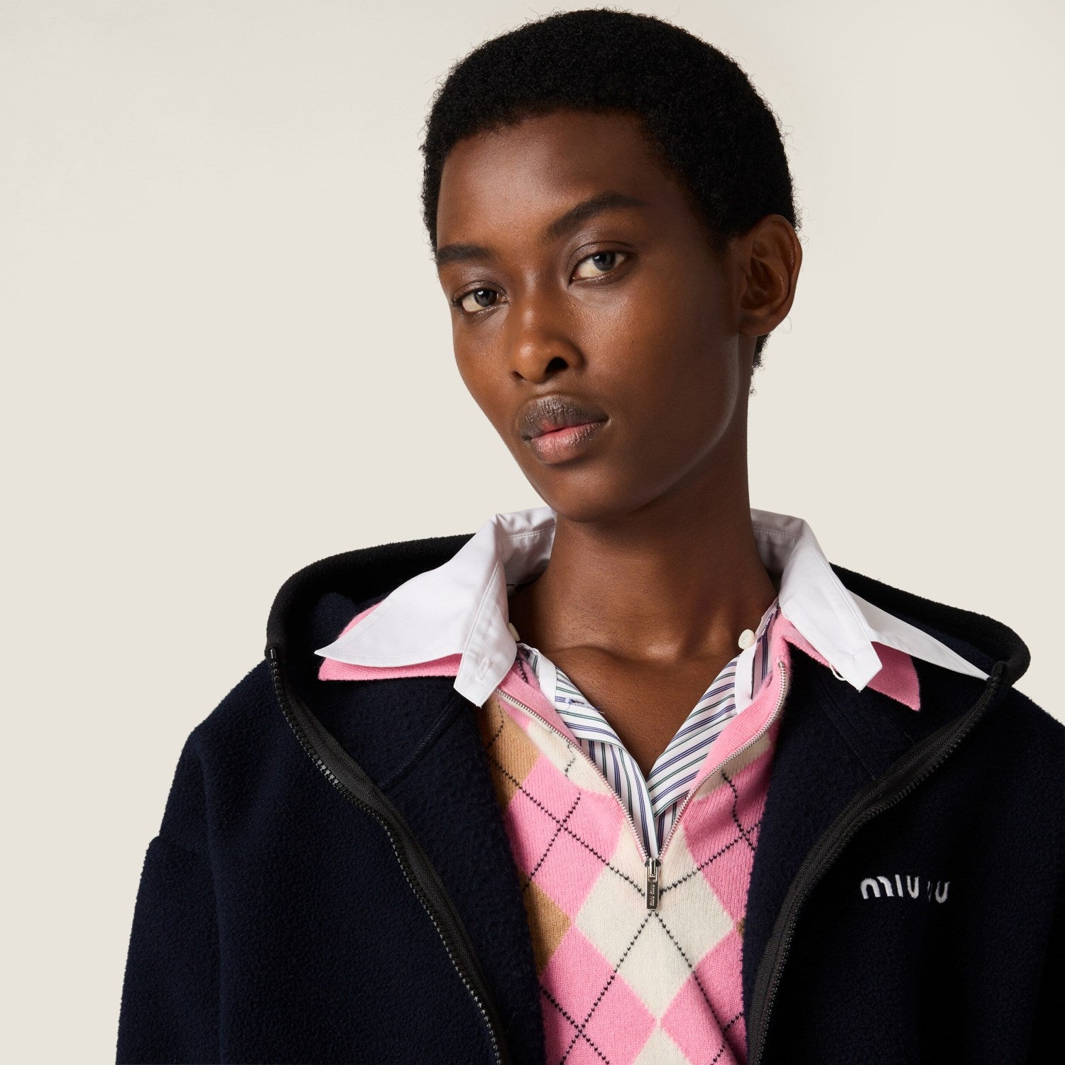MiuMiu Women's Logo Embroidered Zipper Half-High Neck Solid Fleece Jacket Spring/Fall Long Sleeve Oversized Hooded Sweatshirt #81577