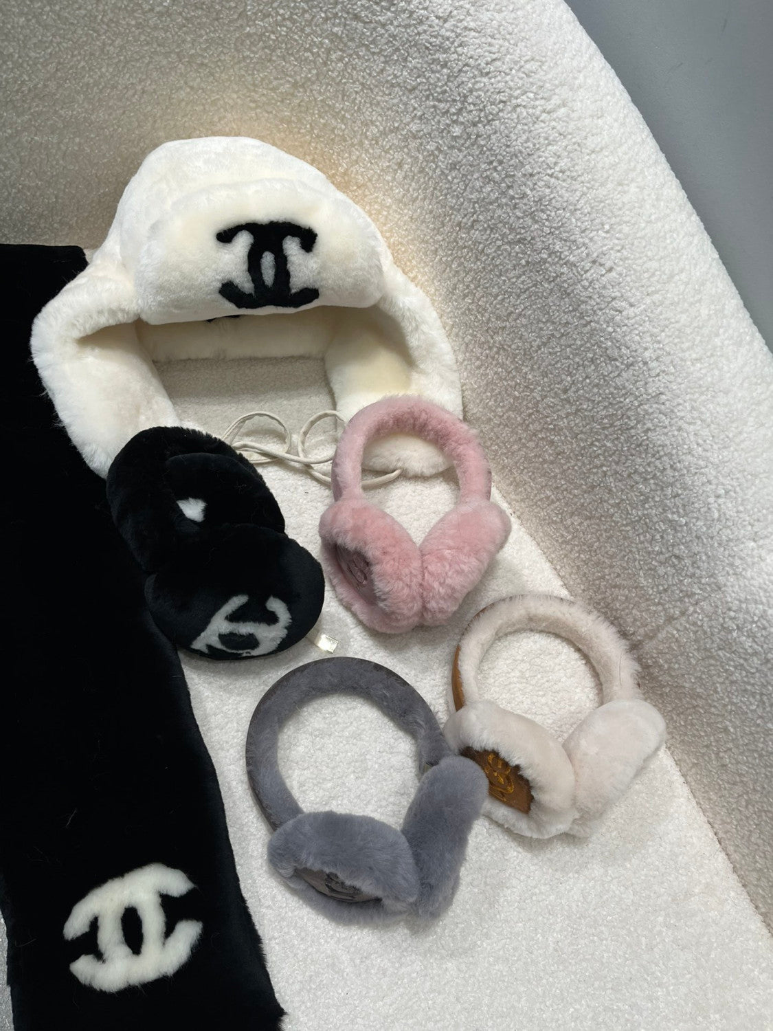 Chanel Muff Earmuffs Shearling Lambskin Tweed Ecru #335043