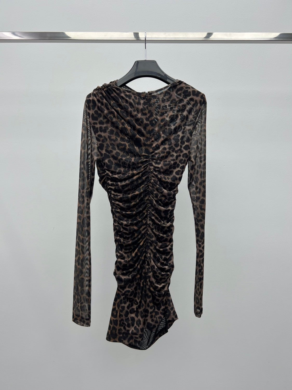 Saint Laurent Ruched Mini Dress in Leopard Tulle Jersey in Brown #334380