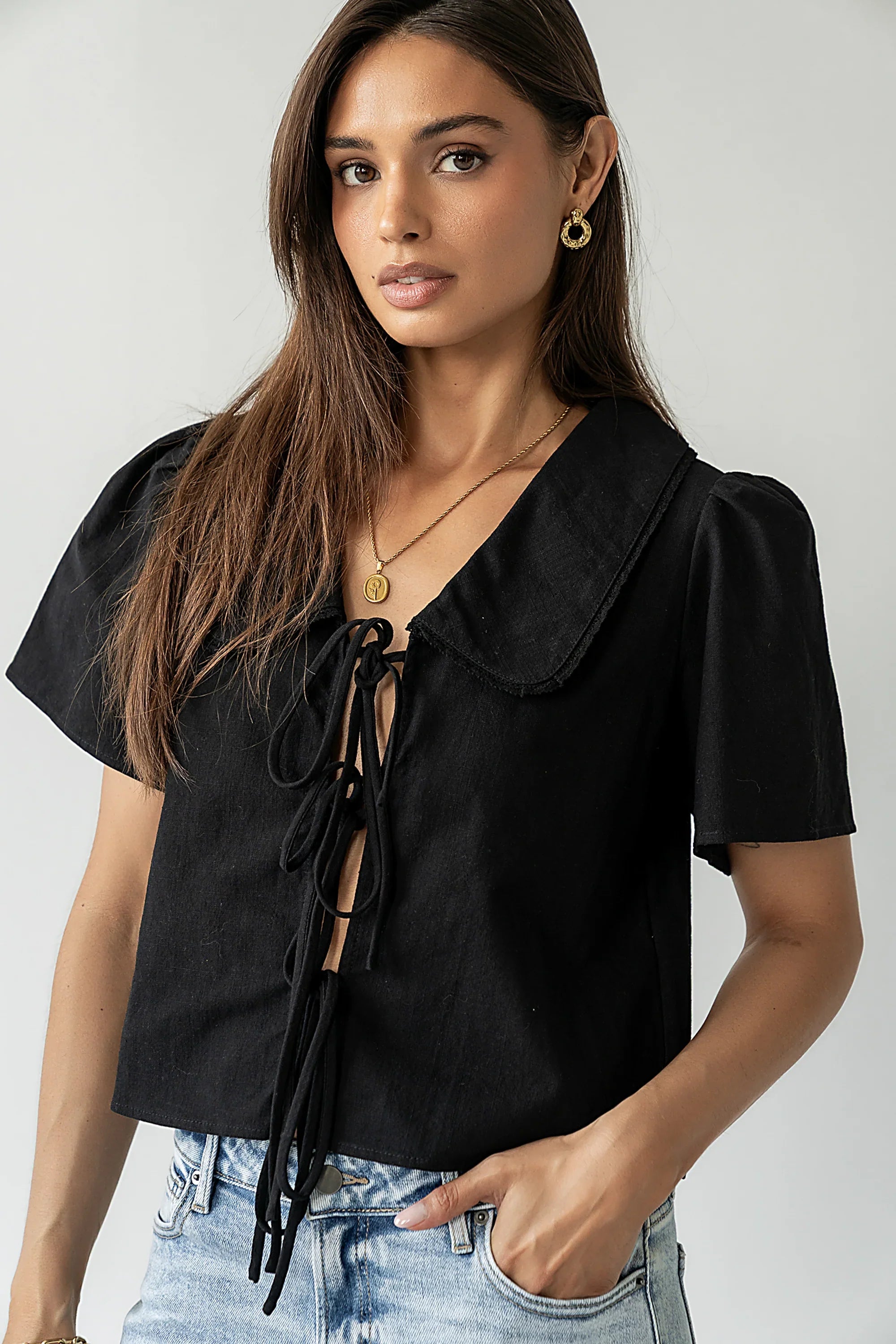 Ethan Tie Front Blouse in Black