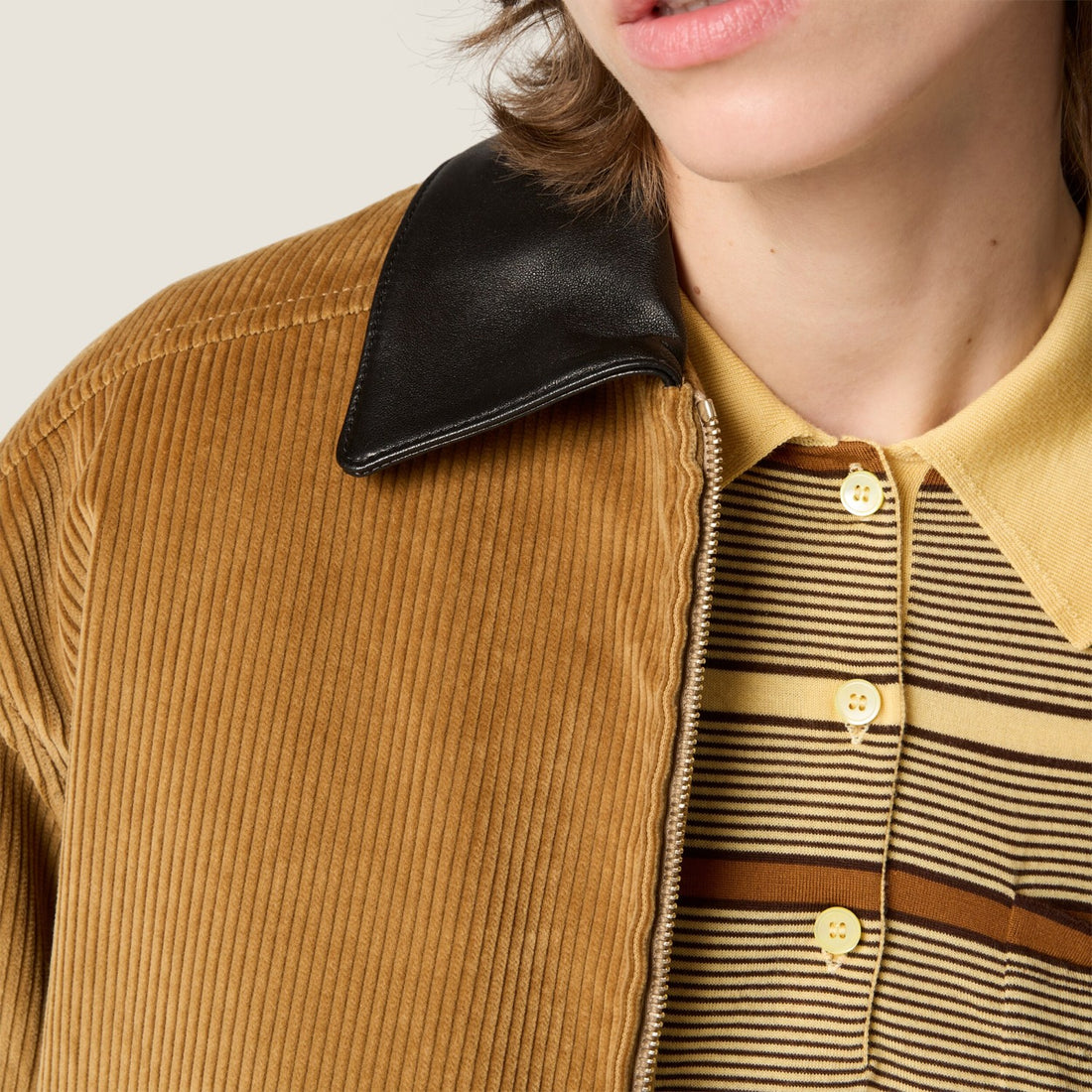 MiuMiu Women's Contrast-Color Leather Collar Spring/Fall Padded Corduroy Zipper Long-Sleeve Solid-Color Jacket #81548