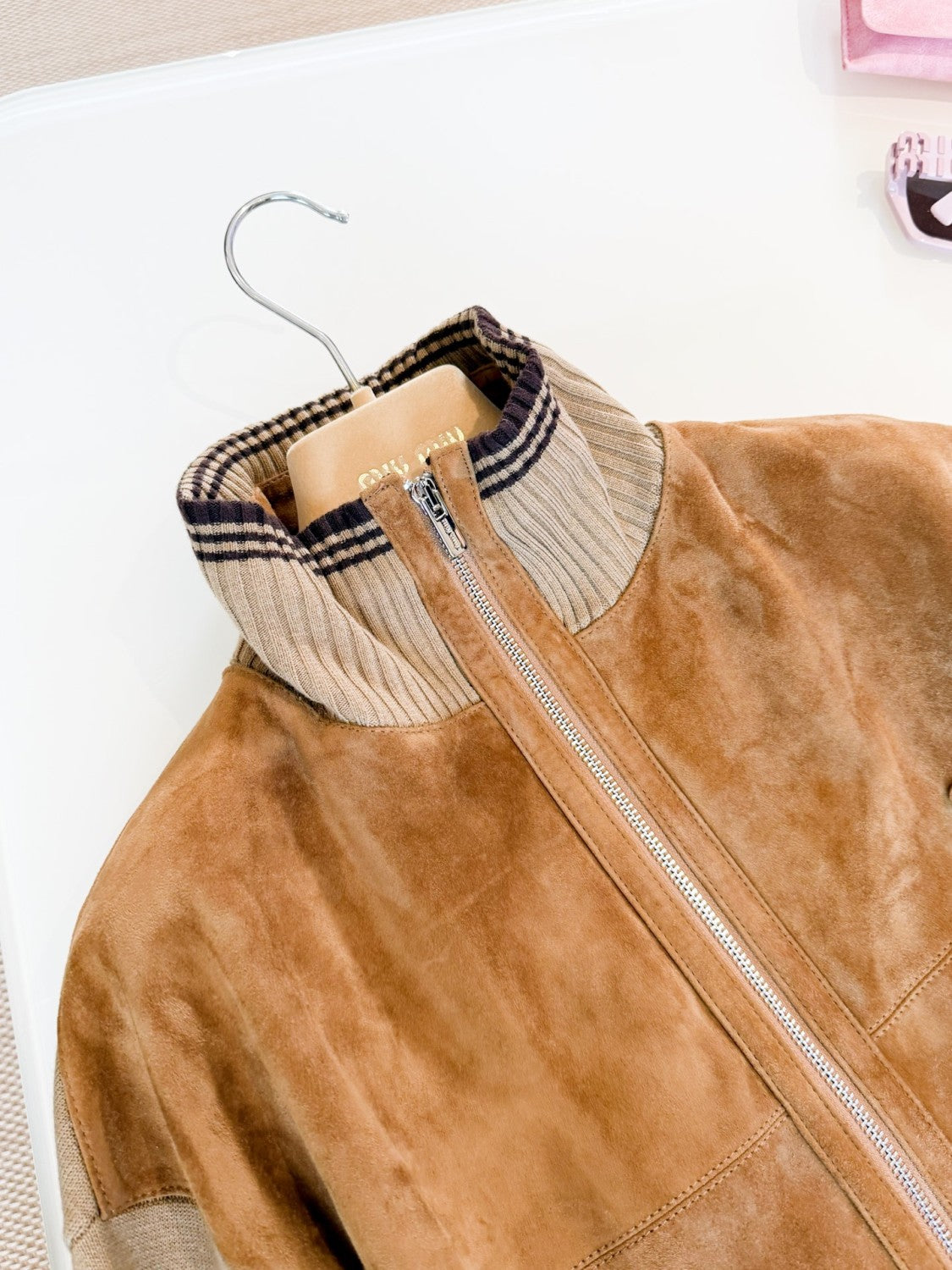 MiuMiu Men's And Women's Fall/winter Fashion Casual Color Block Collared Zipper Suede Badge Knit Jacket #79195