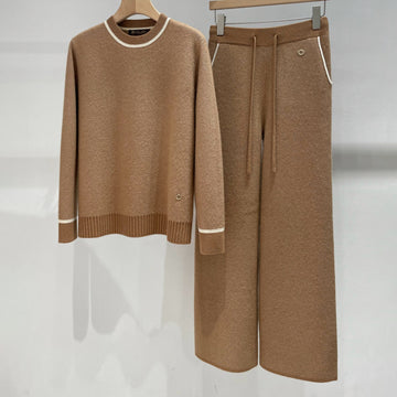 Loro Piana Women's Spring/Fall/Winter Round Neck Knit Cashmere Solid Color Long Sleeve Pullover Sweater with Casual Drawstring Elastic Waist Pants Suit Set Ngvp #2399