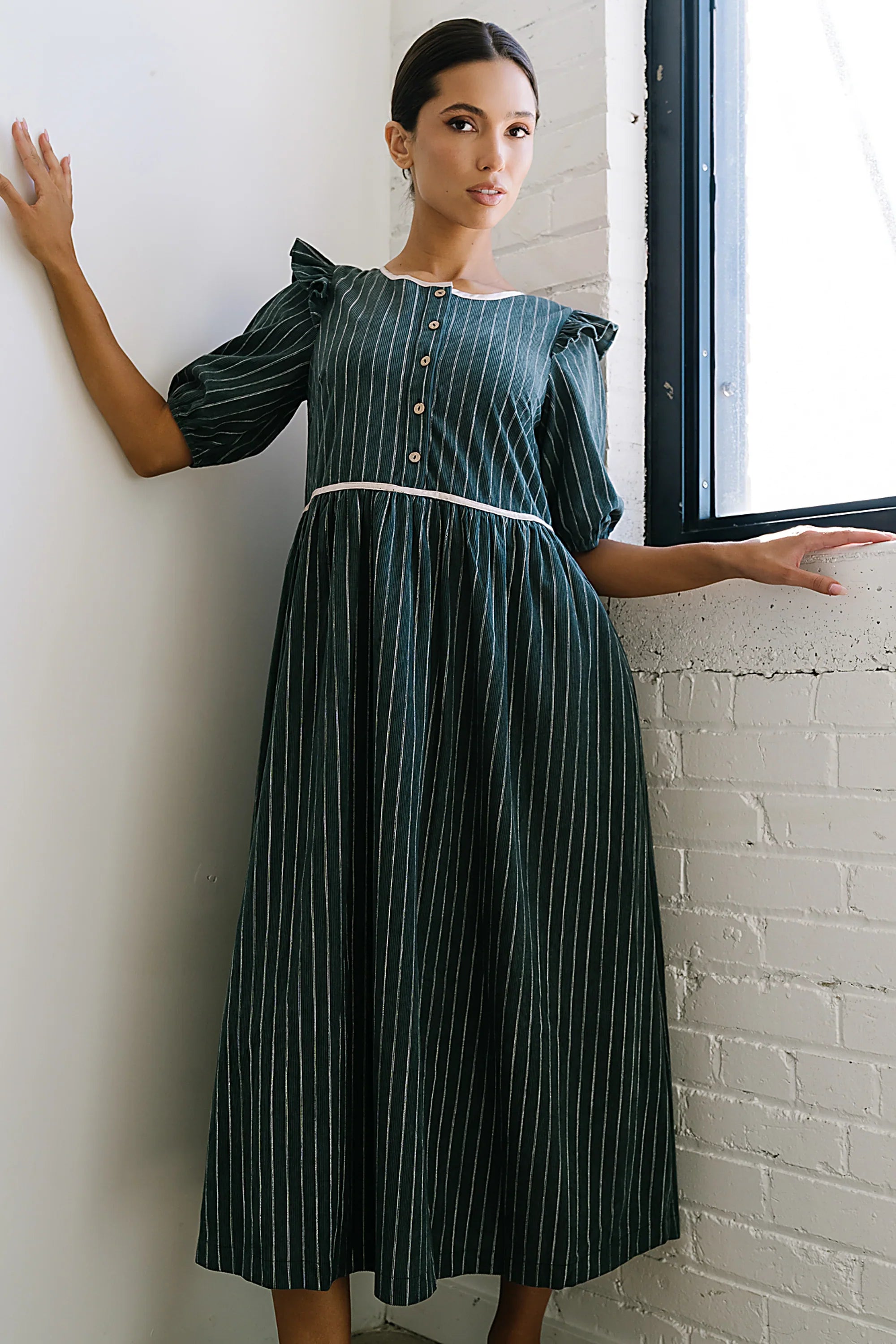 Berlin Corduroy Baby Doll Midi Dress in Green
