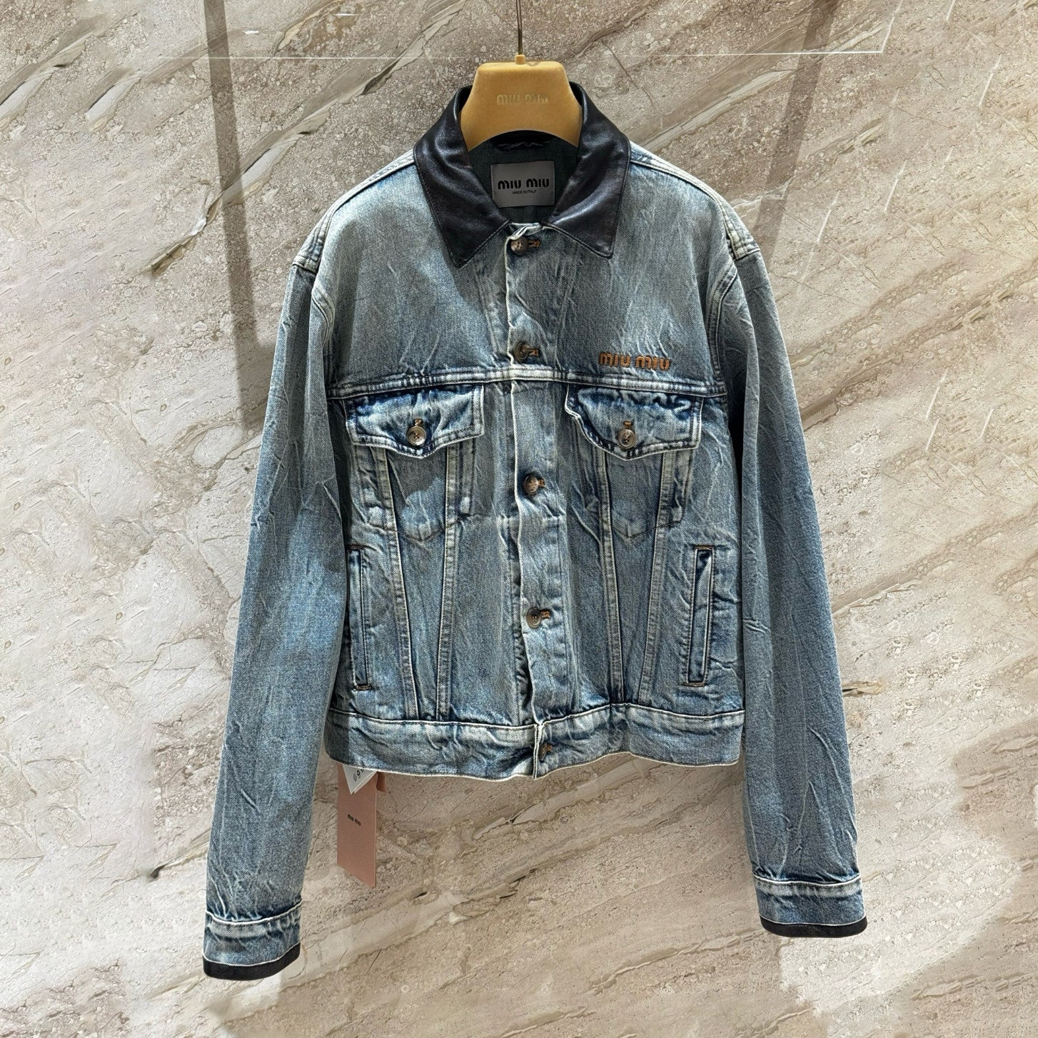 MiuMiu Women's Spring/Fall Fashion Casual Lapel Single Breasted Patchwork Leather Denim Jacket Stylish Relaxed Fit Denim Pants Suit Set #79385