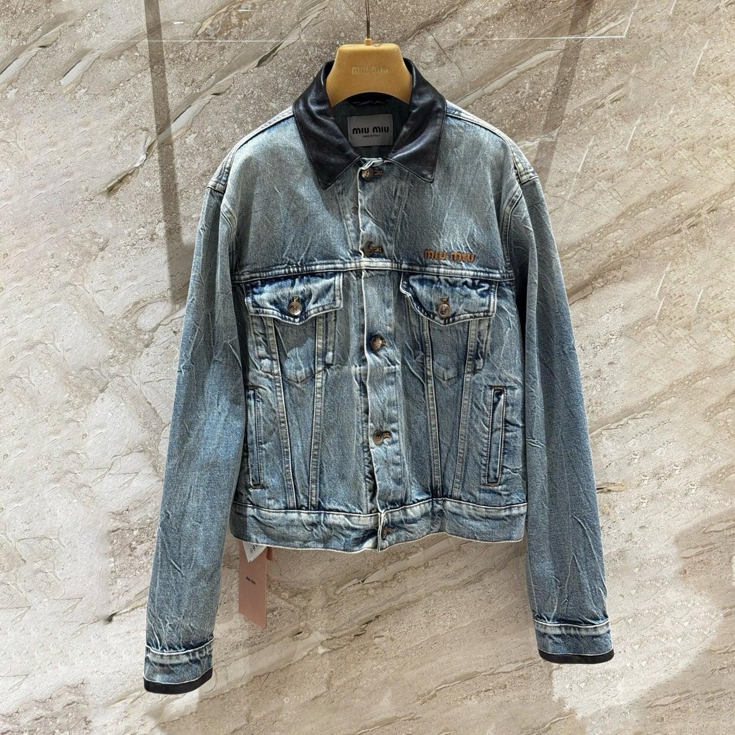 MiuMiu Women's Spring/Fall Fashion Casual Lapel Single Breasted Patchwork Leather Denim Jacket Stylish Relaxed Fit Denim Pants Suit Set #79385
