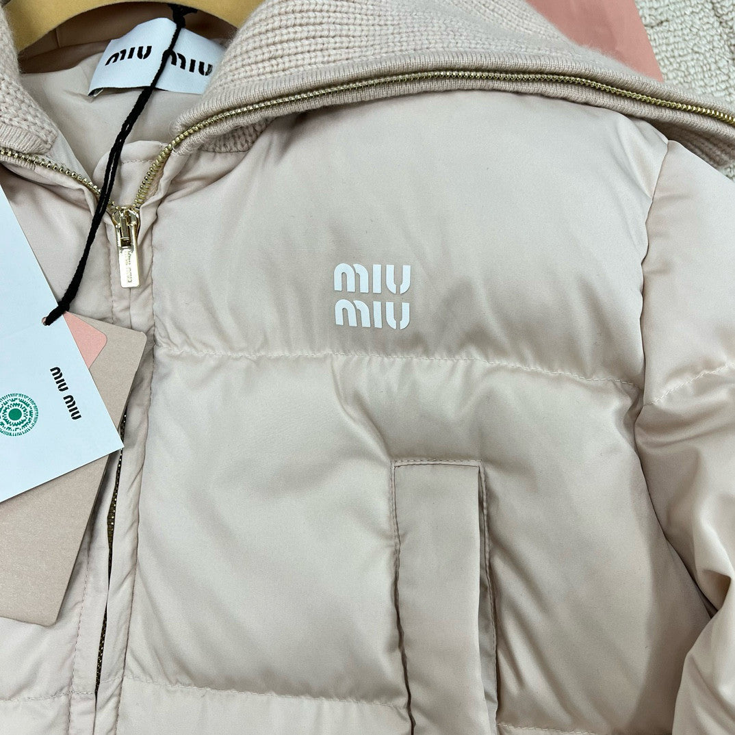 MiuMiu Women's Fall/Winter Logo-Printed Collar Zipper Goose Down Solid-Color Long-Sleeve Puffer Down Jacket #81739