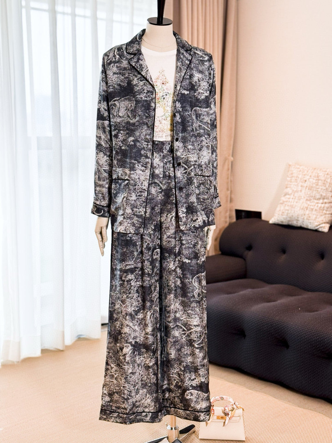 Dior Women's Spring/Summer/Fall Dioriviera Printed Loose Collar Long Sleeve Shirt Silk Elastic Waist Casual Straight Leg Pants Homewear Ngvp #2269