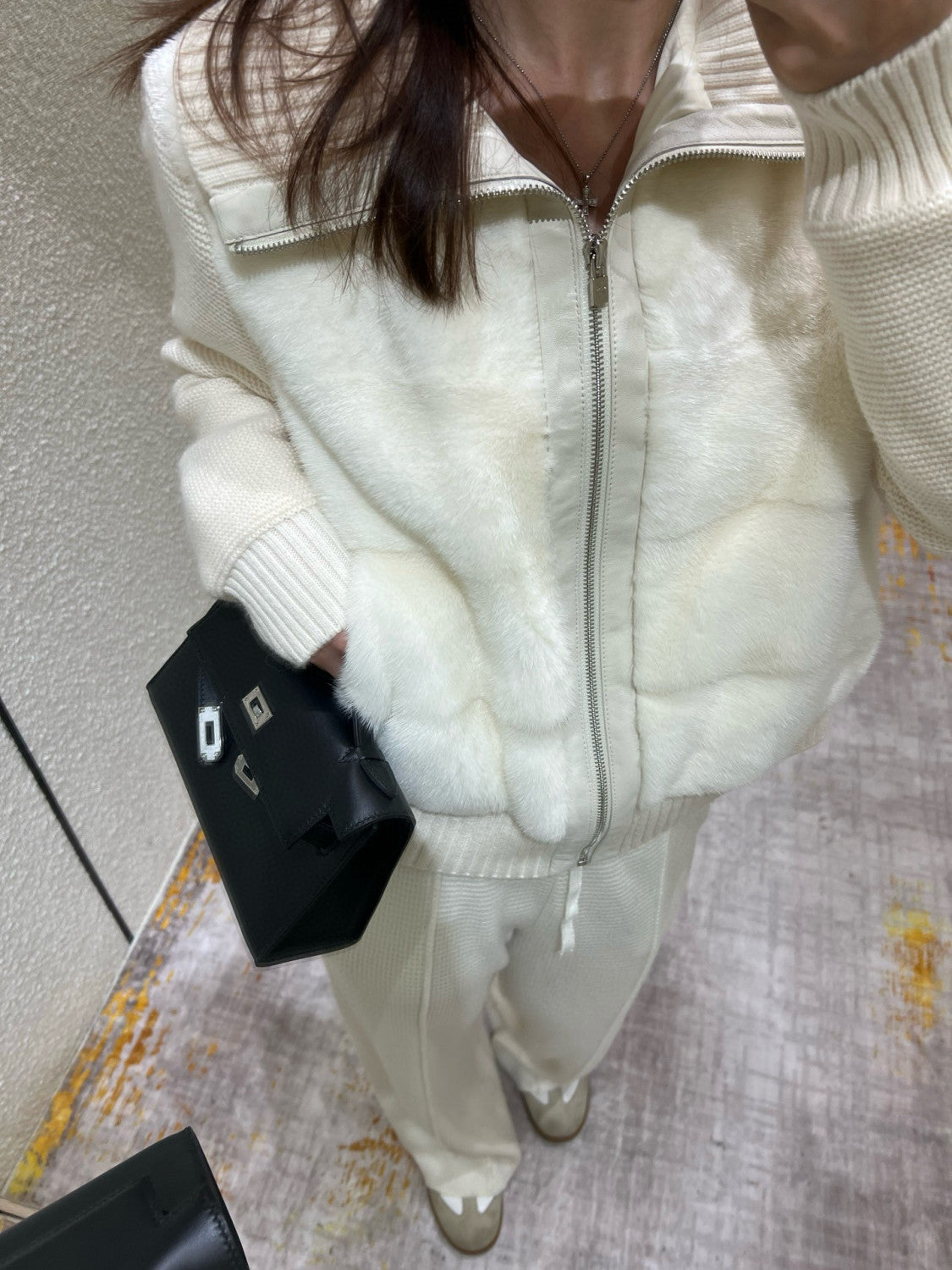 Loro Piana Women's Fall/Winter Mink-Collar Cashmere Solid-Color Zipper Long-Sleeve Knit Puffer Down Jacket #81738