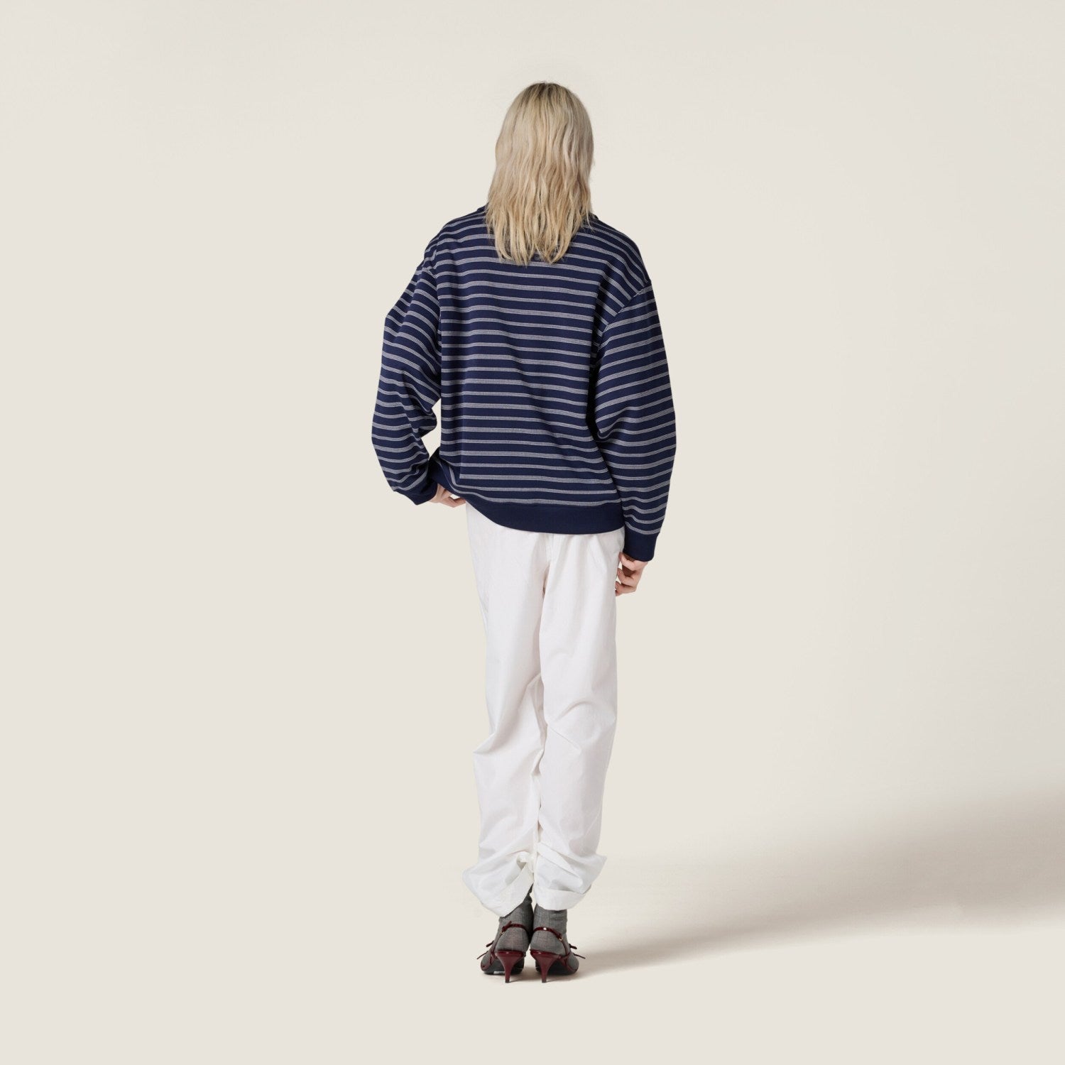 MiuMiu Women's Summer Logo Embroidered Cotton Loose-Fit Color-Block Striped Zipper Polo Shirt #81544