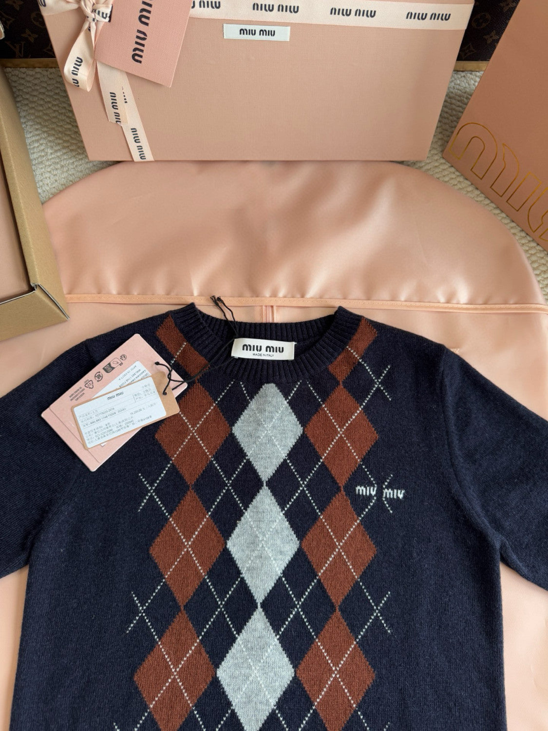 MiuMiu Women's Summer Fashion Casual Crew Neck Diamond Pattern Slim-Fit Short Sleeve Cashmere T-Shirt #78466