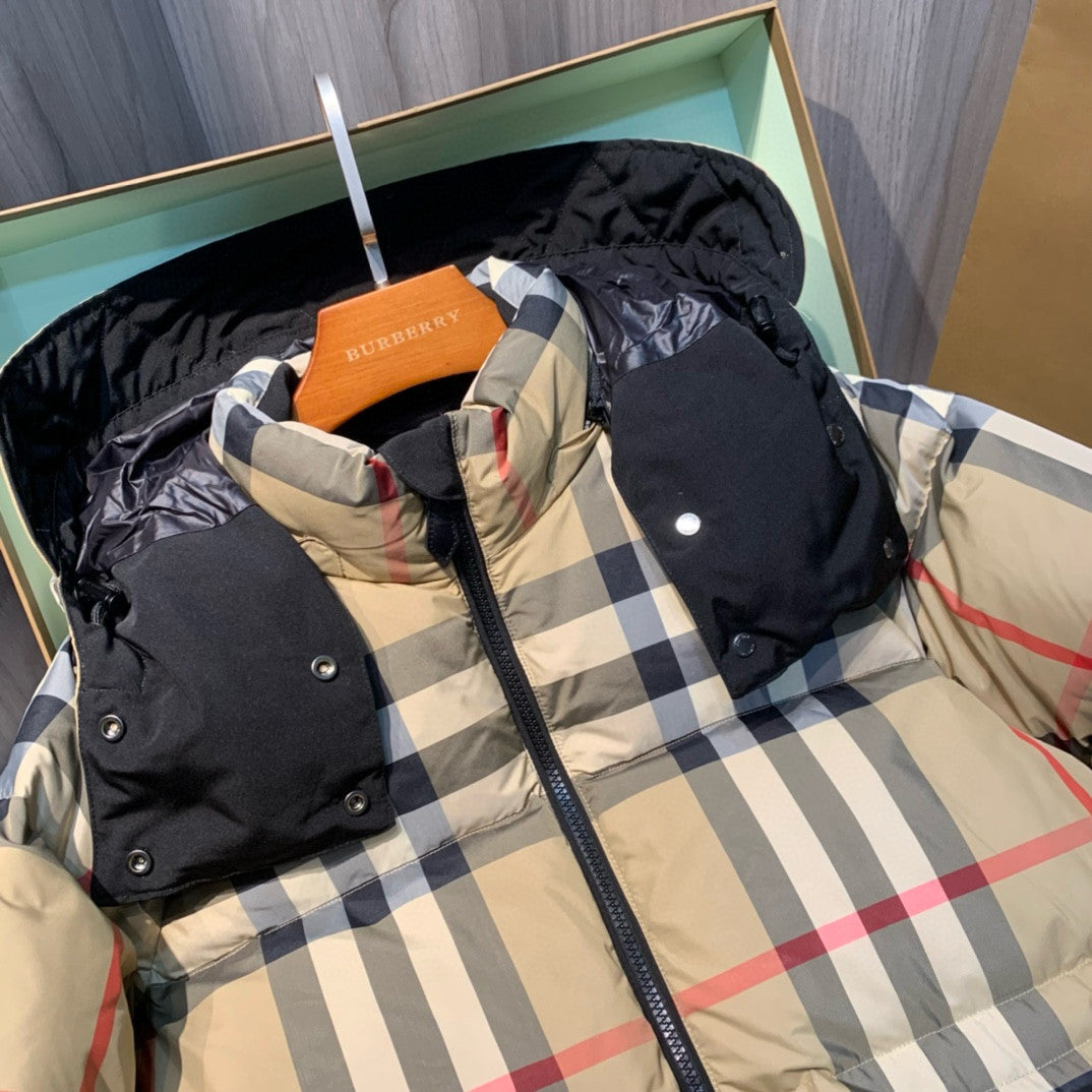 Burberry Fashion Casual High Neck Hooded Zipper Plaid Detachable Hood Plaid Recycled Polyester Down Jacket #79372