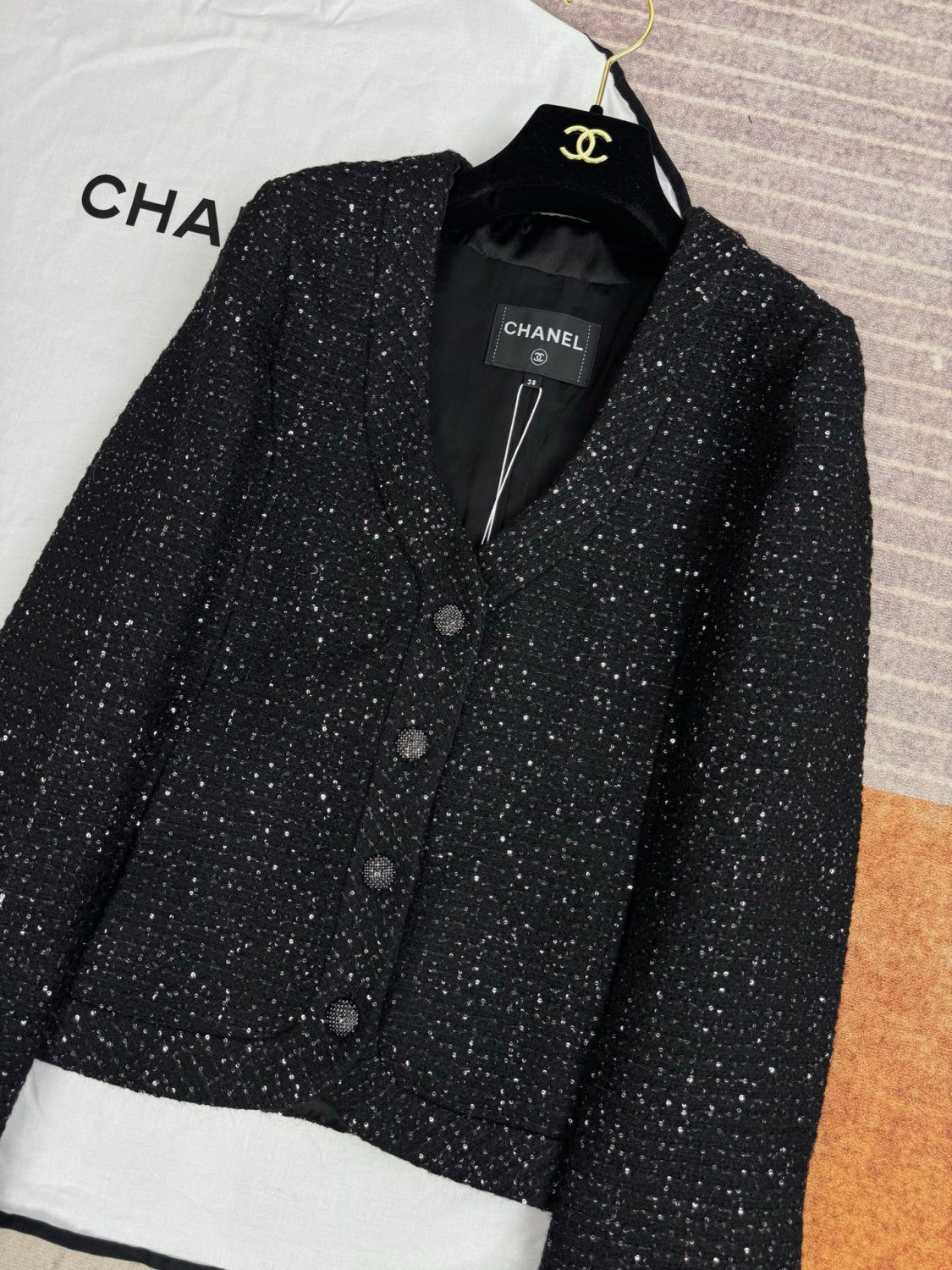 Chanel 25B Black Sequined Tweed Jacket #333126