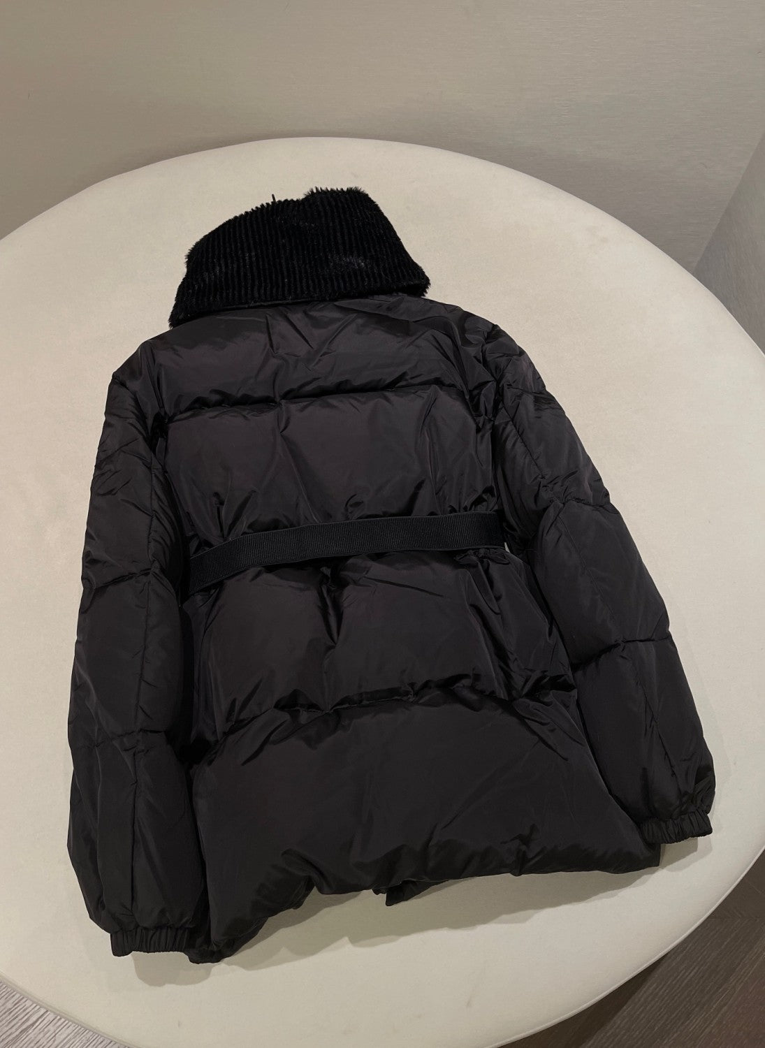 Moncler Women's Fall/Wimter Black Large Lapel Goose Down Jacket With Belt Nylon Short Style Light Jacket #332539