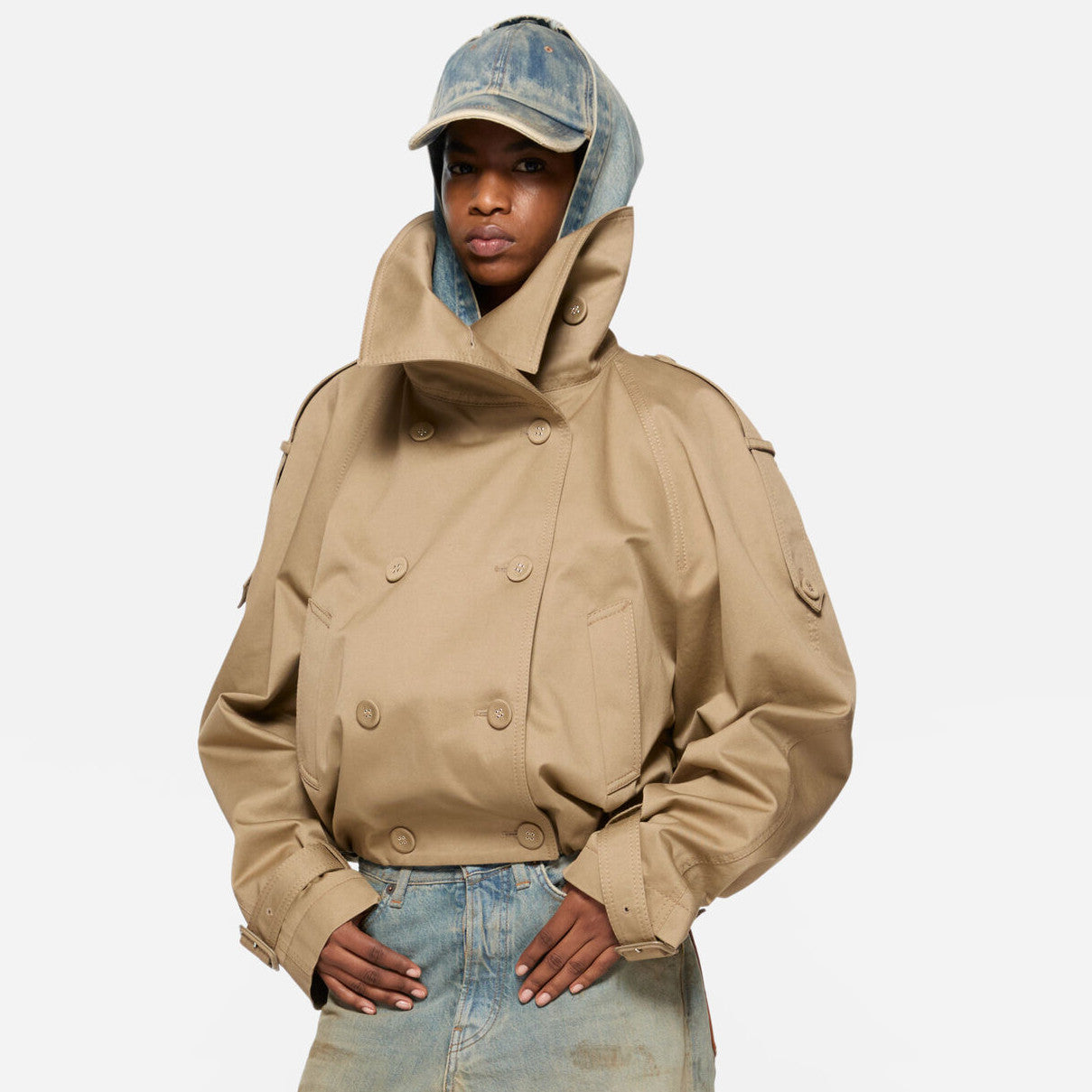 Acne Studios Women's Spring/Fall Fashion Casual Love You Solid Color High-Neck Double-Breasted Twill Trench Coat Short Jacket #78969