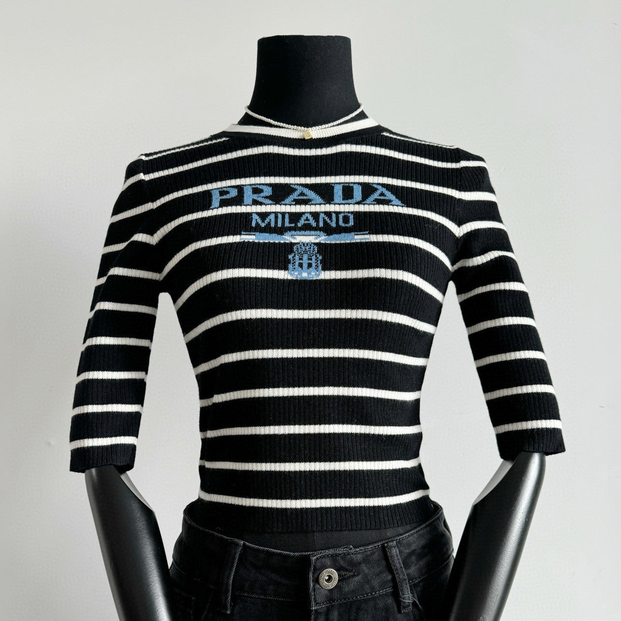 Prada Women's Autumn/Winter Fashion Casual Striped Color-Block Logo Letter Round Neck Wool Knit Sweater #78375