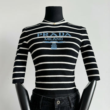Prada Women's Autumn/Winter Fashion Casual Striped Color-Block Logo Letter Round Neck Wool Knit Sweater #78375
