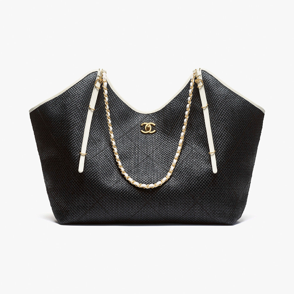CHANEL Maxi Shopping Bag Braided Raffia Calfskin Gold-tone Metal Dark Beige Black #376633