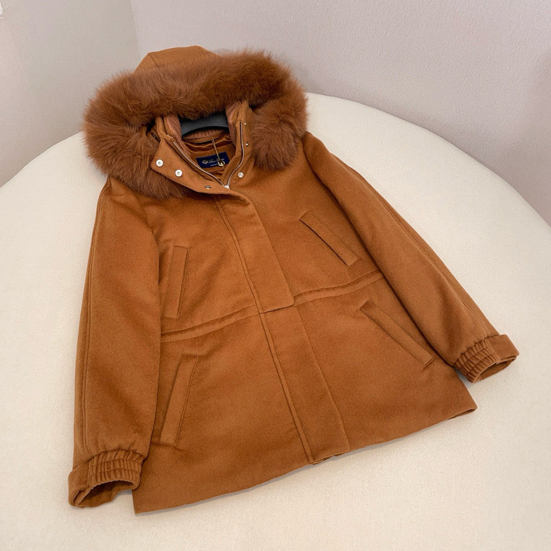 Loro Piana Lcery Short Women's Ski Jacket Furry Collar Warm Fashion Long Sleeve Jacket Elegant Temperament Loose Casual Coat  Ngvp #2418