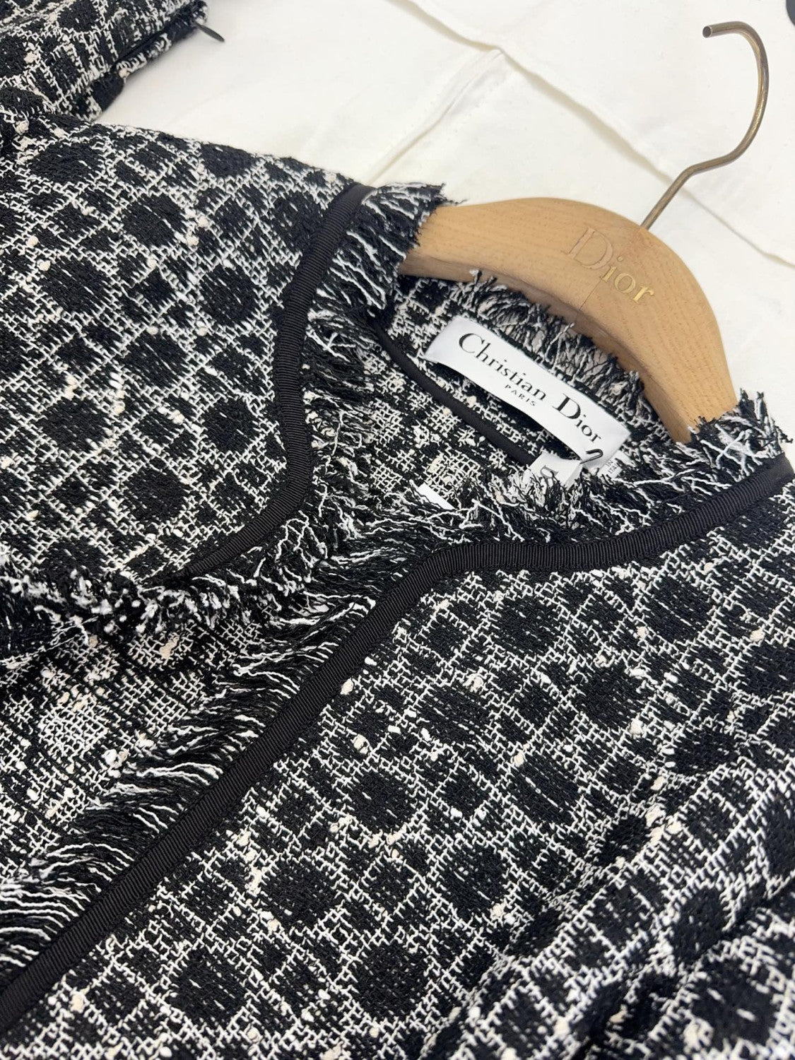DIOR Macrocannage Regular Fit Jacket Mid-Length Macrocannage Flared Skirt  Black White Cotton-Blend Tweed Knit  #334340