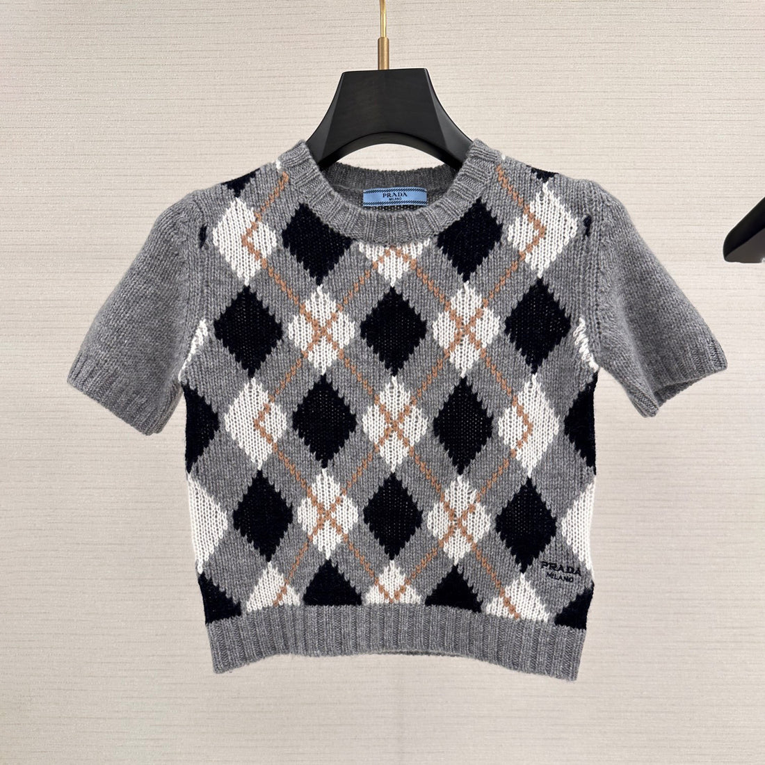 Prada Women's Summer Fashion Casual Crew Neck Short Sleeve Cashmere Diamond Pattern T-shirt #78468