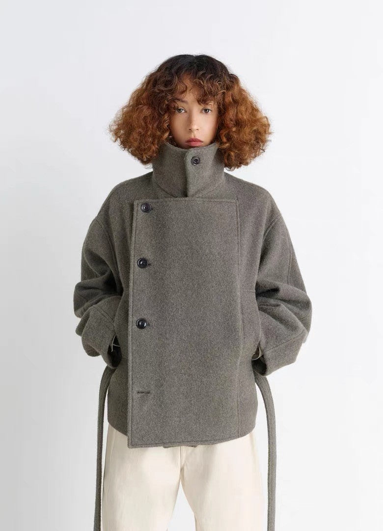 Lemaire Women's Fall And Winter Gray Lapel Short Large Fashion Trend Elegant Double-breasted Belt Temperament Jacket Ngvp #2625