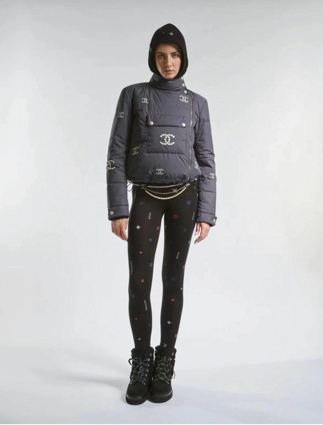 Chanel Ski Stand Collar Diagonal Zip Pocket Hollow Down Jacket#335007