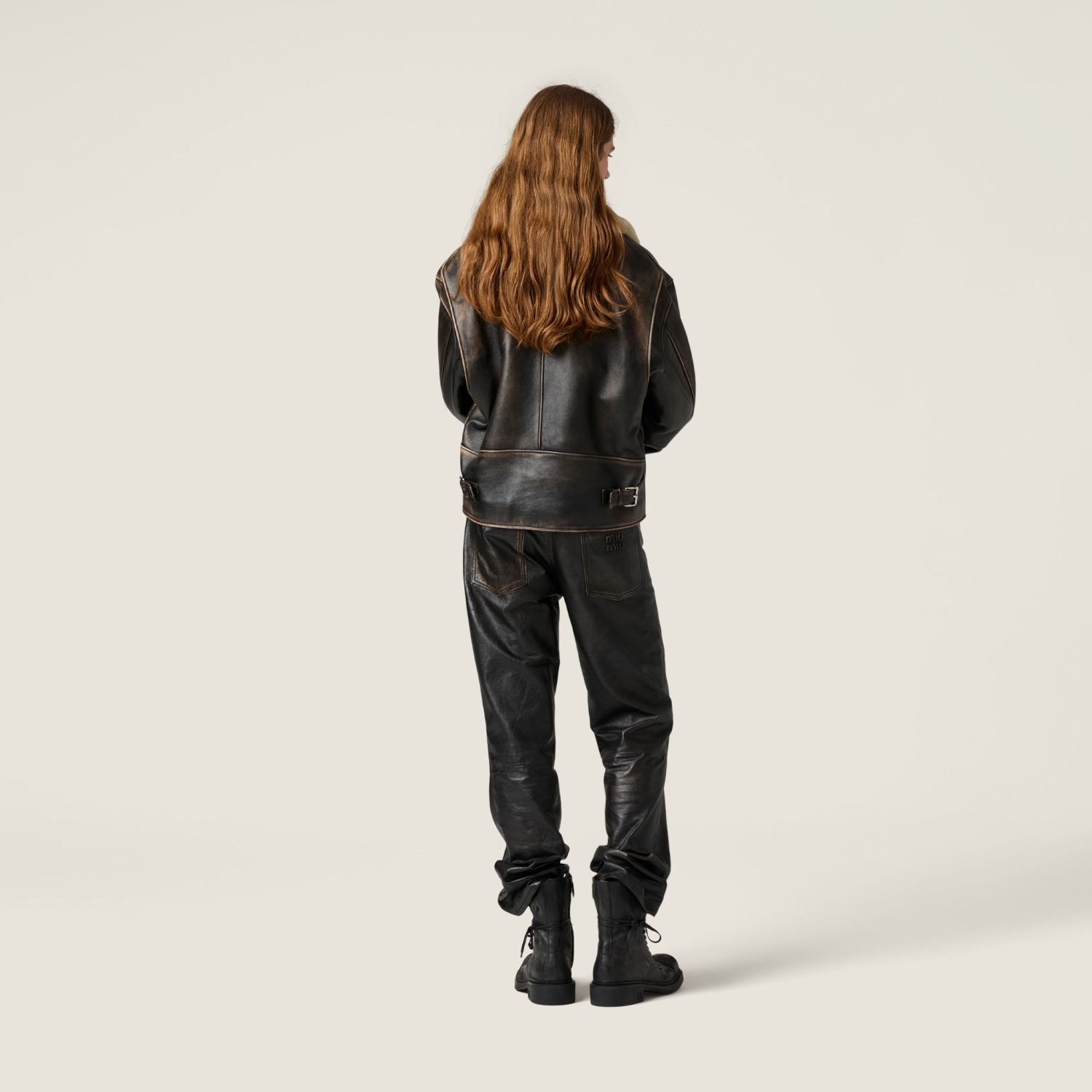 MiuMiu Women's Fur Collar Vintage Distressed Zip Black Nappa Leather Jacket #332783