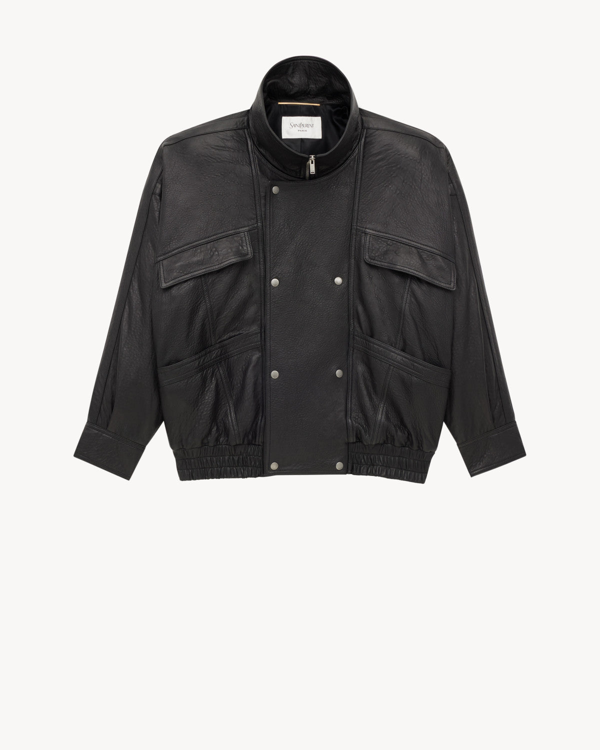 Saint Laurent Women's Bubbled Lambskin Bomber Jacket Spring/Fall Stand Collar Zipper Pilot Jacket Solid Color Motorcycle Leather Jacket Ngvp #2714