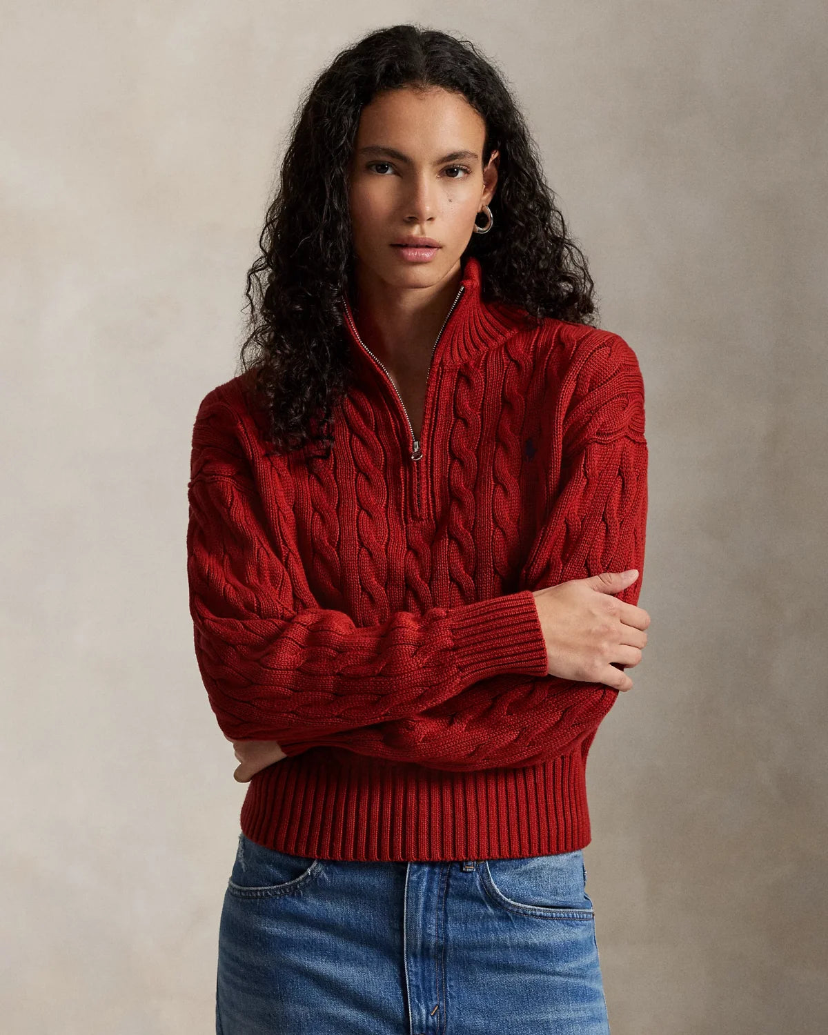 Ralph Lauren Cable-Knit Cotton Quarter Zip Jumper Women #375944