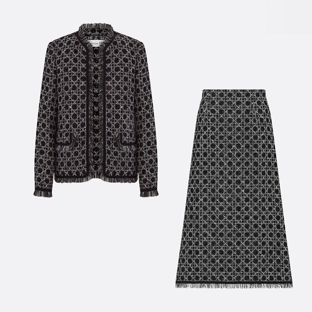DIOR Macrocannage Regular Fit Jacket Mid-Length Macrocannage Flared Skirt  Black White Cotton-Blend Tweed Knit  #334340