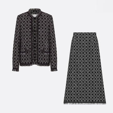 DIOR Macrocannage Regular Fit Jacket Mid-Length Macrocannage Flared Skirt  Black White Cotton-Blend Tweed Knit  #334340