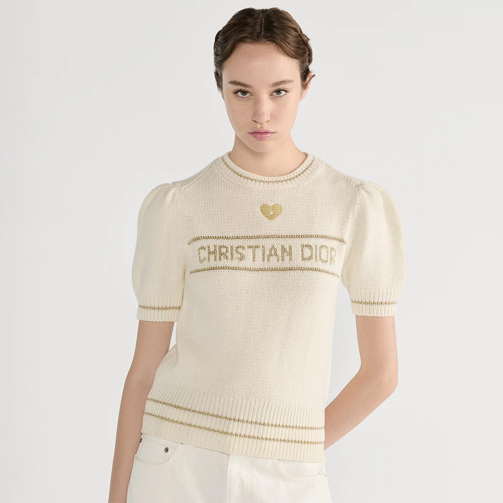 DIOR Short-Sleeved Sweater Ecru and Gold-Tone Virgin Wool-Cashmere Blend Knit #335676