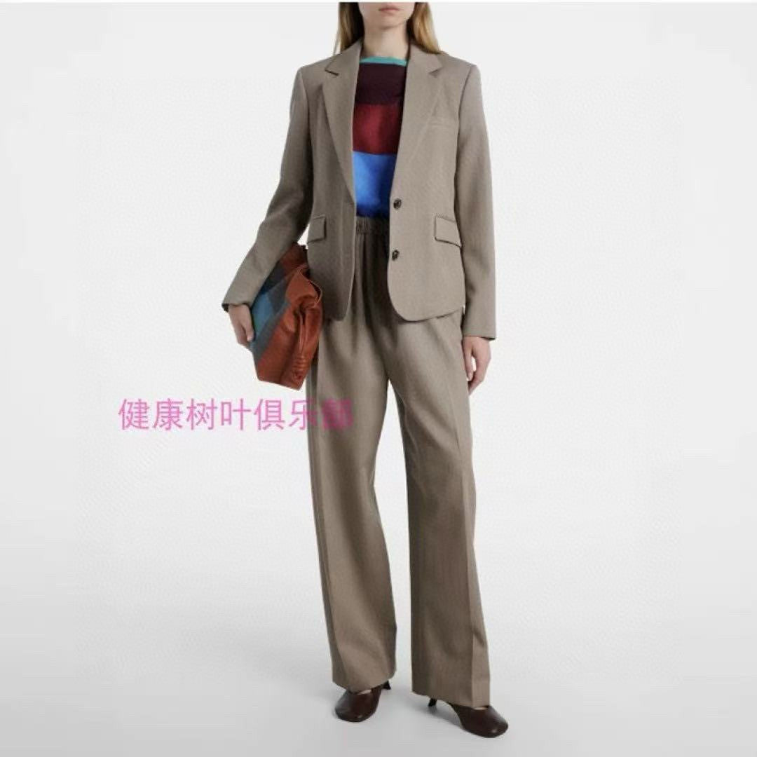 Loewe Women's Spring/fall Classic Solid Color V Neck Single Button Long Sleeve Blazer Paired With Solid Color Elastic Waist Straight Leg Suit Pants Suit Set #79228