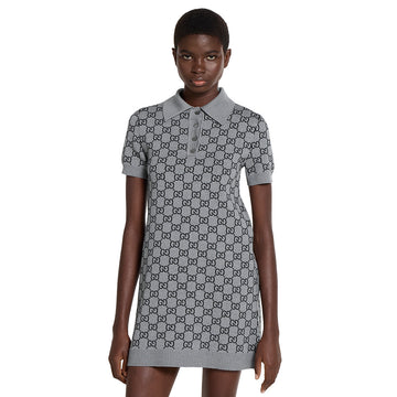Gucci GG Wool Jacquard Polo Dress Grey Black #334214
